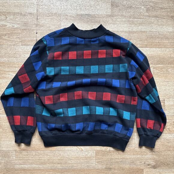 Vintage 80s Sweatshirt Black Checkered Mock Neck Sweatshirt Pullover Geometric M - Picture 7 of 8
